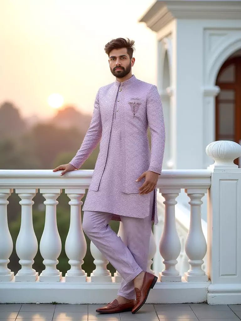 Image of Lavender Sequinned Layered Milky Silk Indo Open Jacket Set - South India Shopping Mall