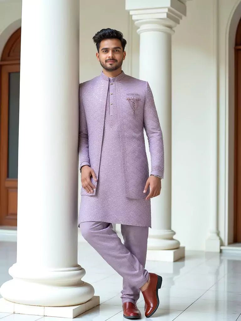 Image of Lavender Sequinned Layered Milky Silk Indo Open Jacket Set - South India Shopping Mall