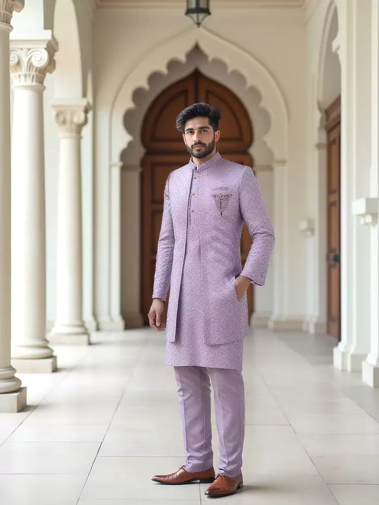 Image of Lavender Sequinned Layered Milky Silk Indo Open Jacket Set - South India Shopping Mall