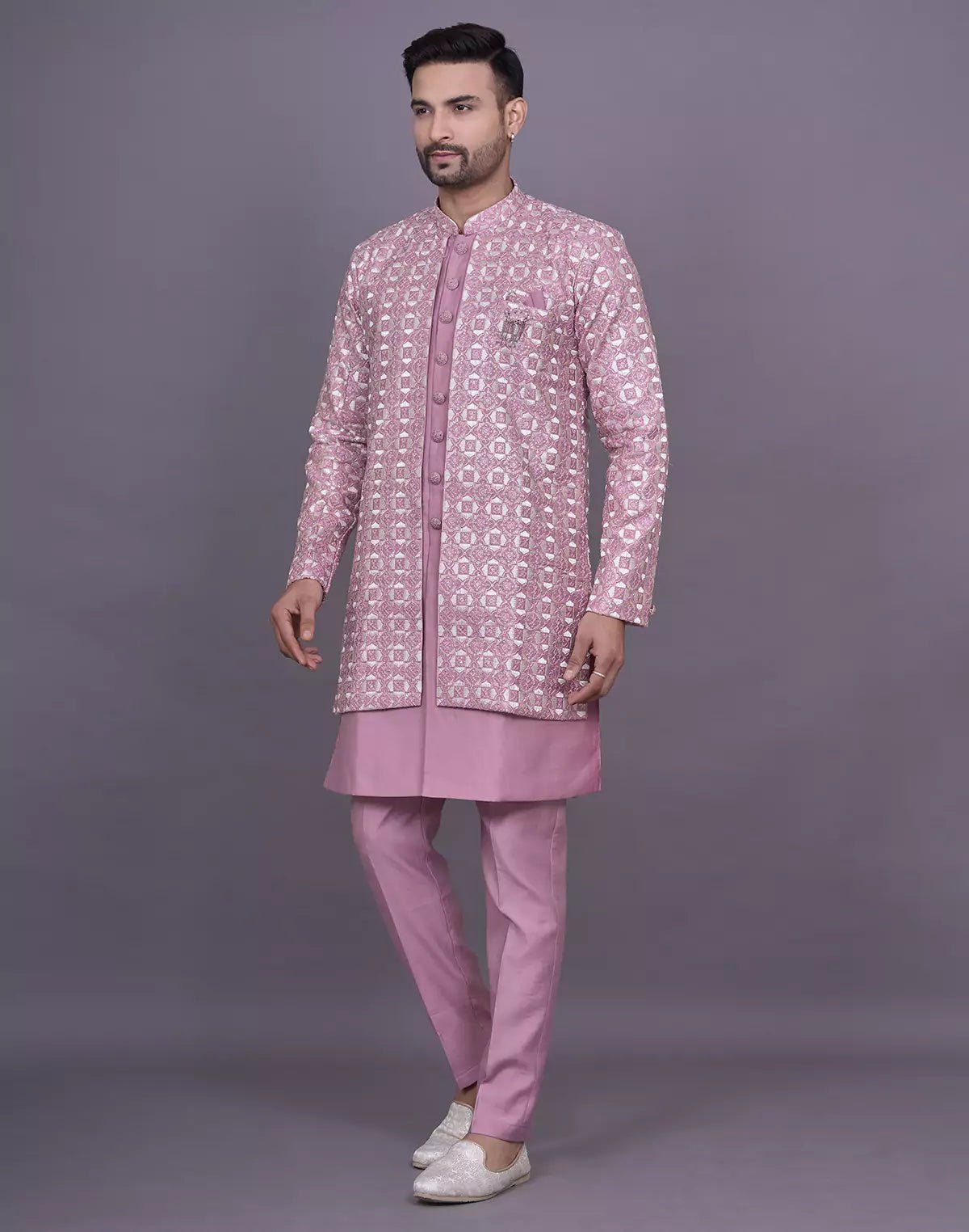 Image of Lavender Thread Embroidery Design Floral Soft Silk Kurta Jacket Set - South India Shopping Mall