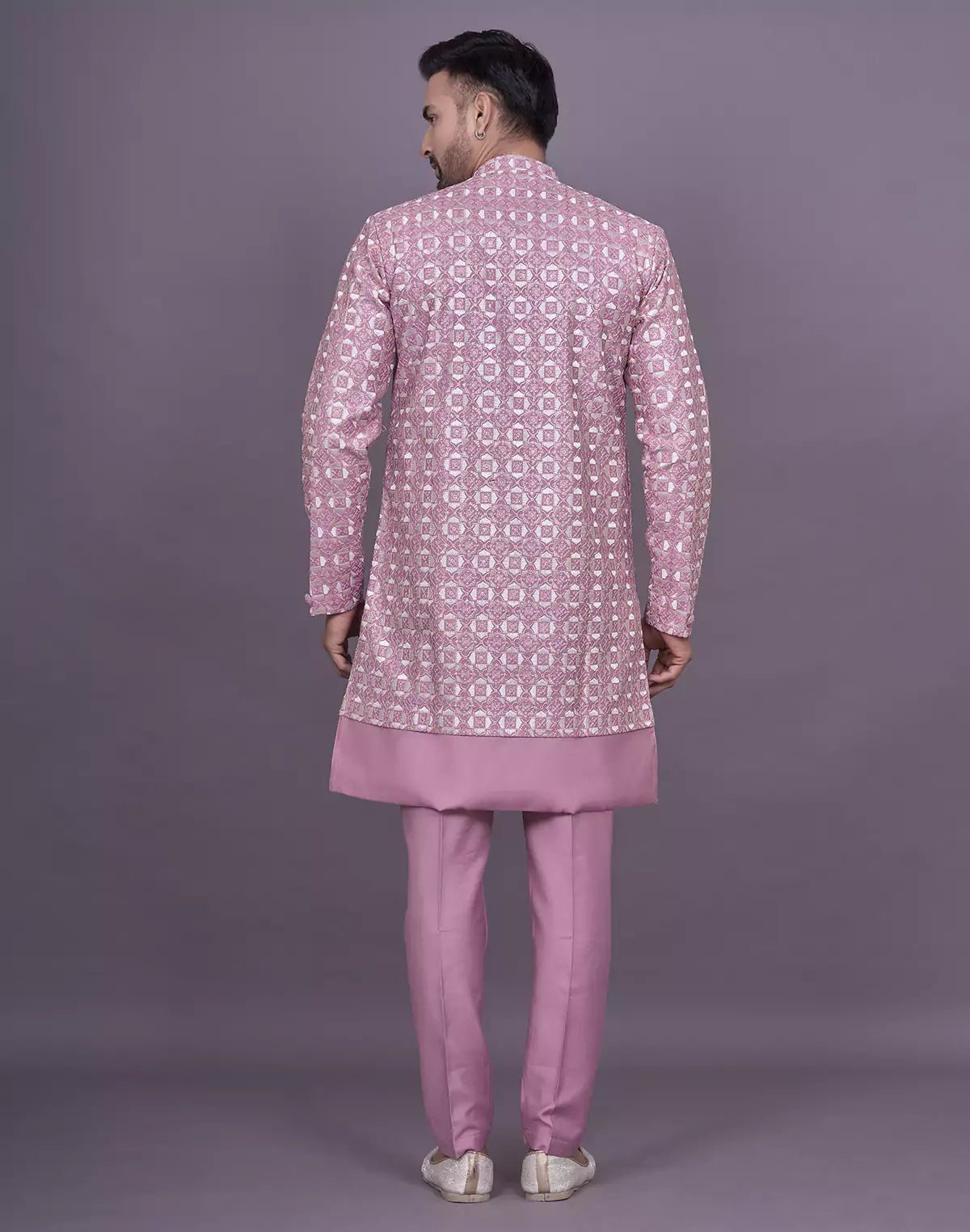 Image of Lavender Thread Embroidery Design Floral Soft Silk Kurta Jacket Set - South India Shopping Mall