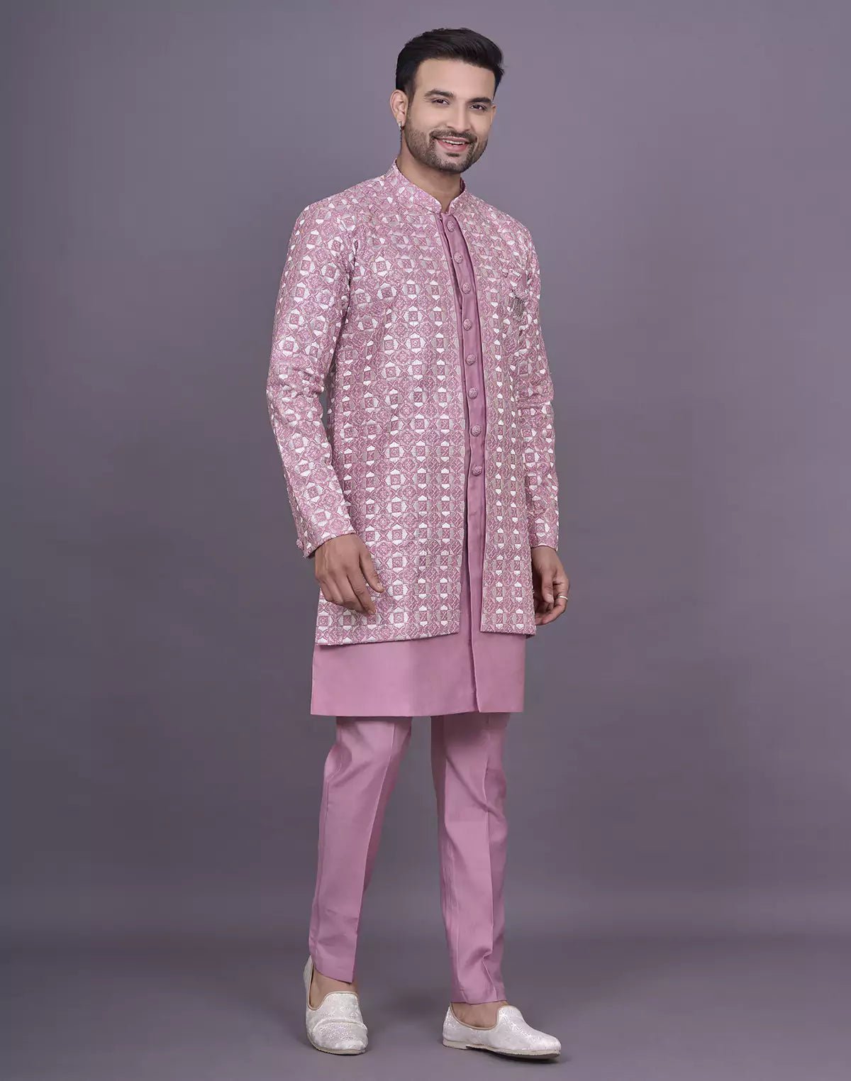 Image of Lavender Thread Embroidery Design Floral Soft Silk Kurta Jacket Set - South India Shopping Mall