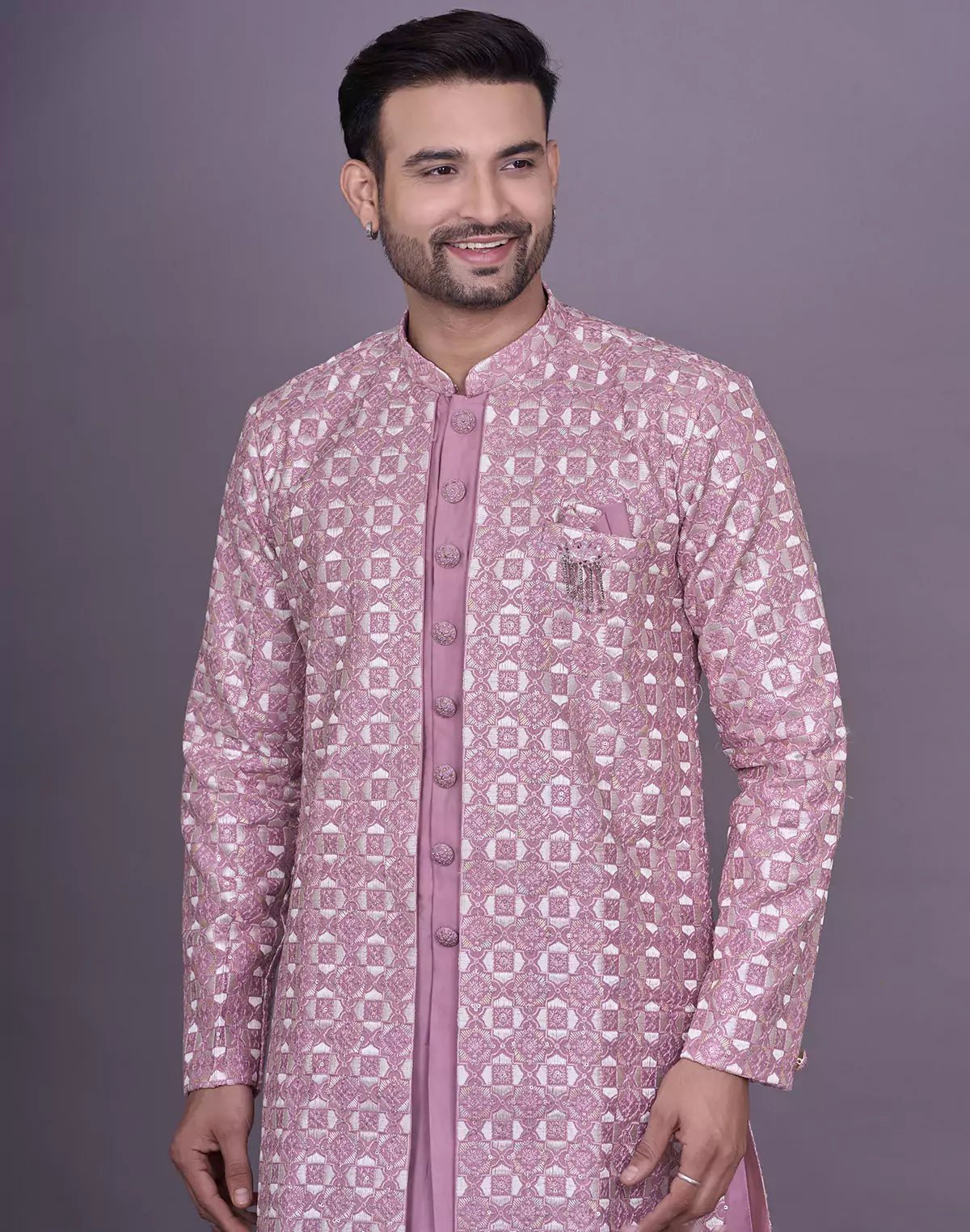 Image of Lavender Thread Embroidery Design Floral Soft Silk Kurta Jacket Set - South India Shopping Mall