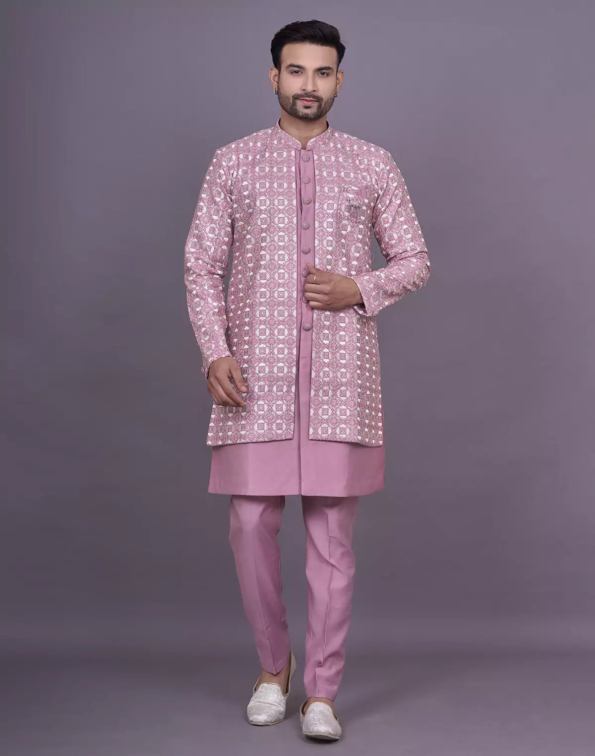 Image of Lavender Thread Embroidery Design Floral Soft Silk Kurta Jacket Set - South India Shopping Mall