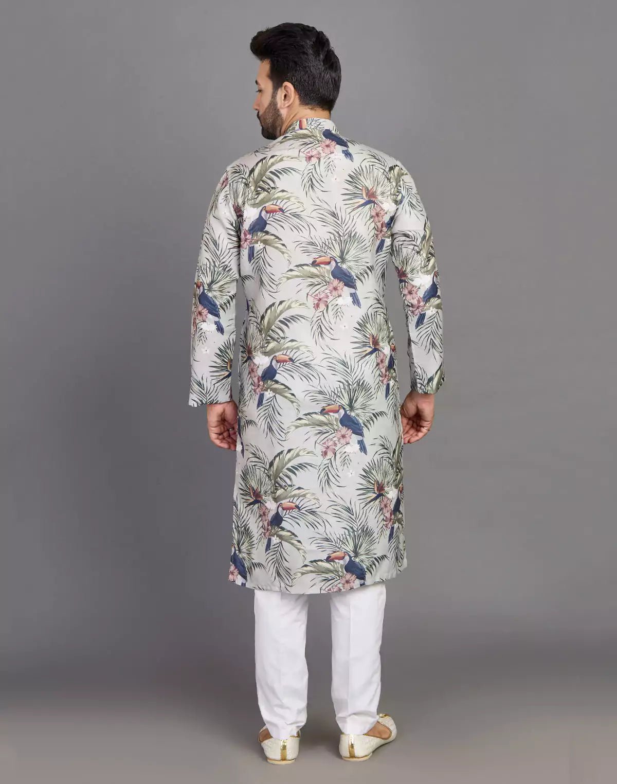 Image of Leaf & Birds Pattern Bottle Green Cotton Kurta Men - South India Shopping Mall