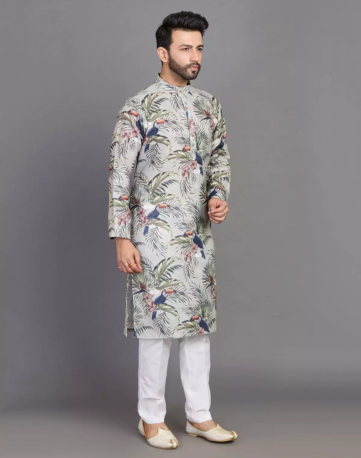 Image of Leaf & Birds Pattern Bottle Green Cotton Kurta Men - South India Shopping Mall