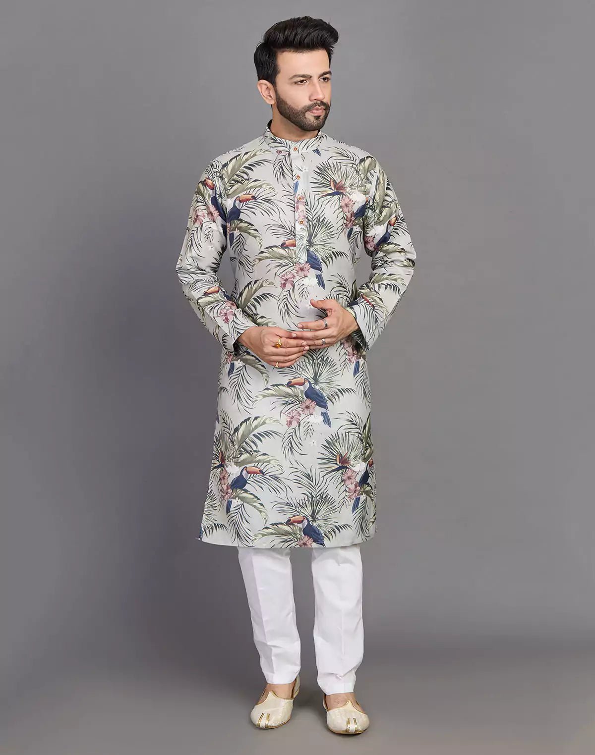 Image of Leaf & Birds Pattern Bottle Green Cotton Kurta Men - South India Shopping Mall