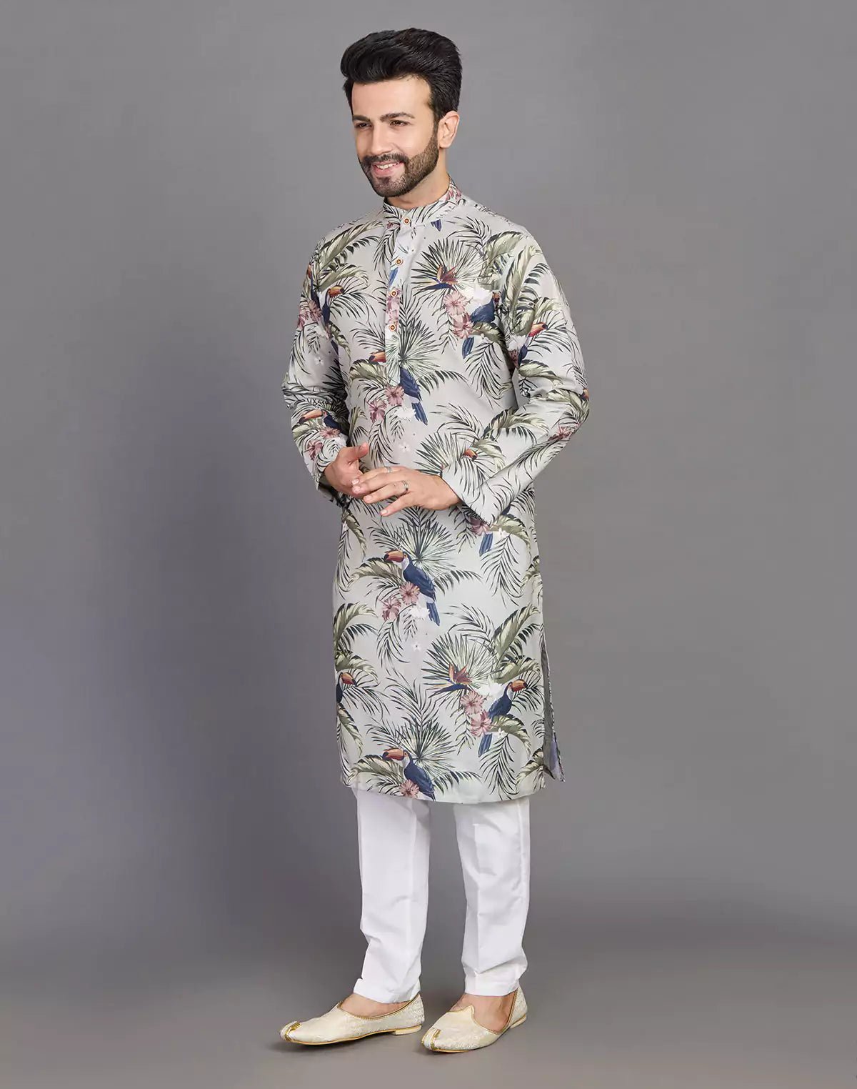 Image of Leaf & Birds Pattern Bottle Green Cotton Kurta Men - South India Shopping Mall