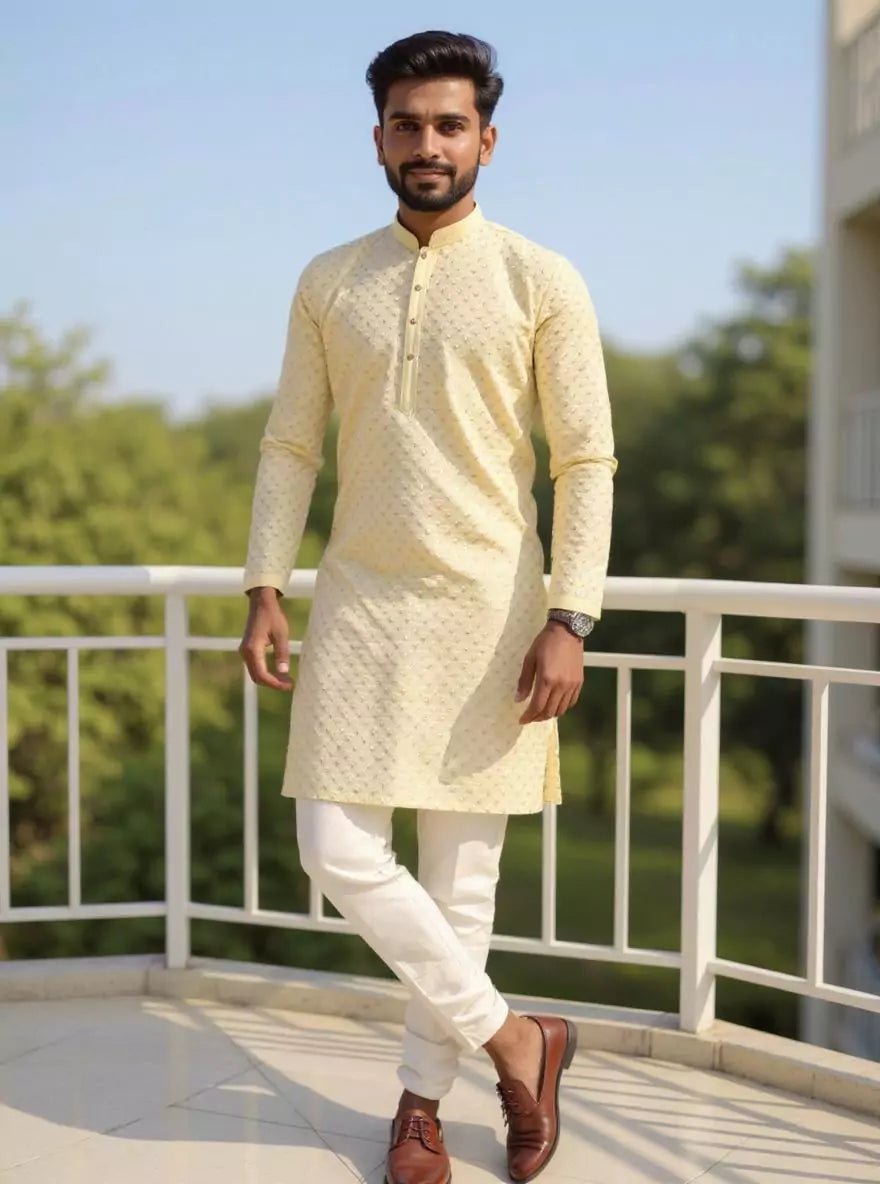 Image of Lemon Floral Thread work Cotton Silk Kurta Pajama - South India Shopping Mall