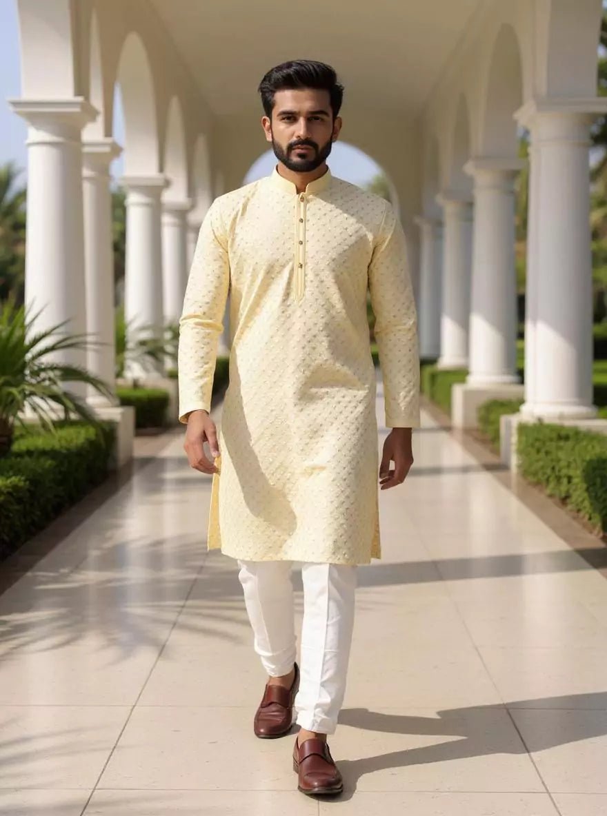 Image of Lemon Floral Thread work Cotton Silk Kurta Pajama - South India Shopping Mall