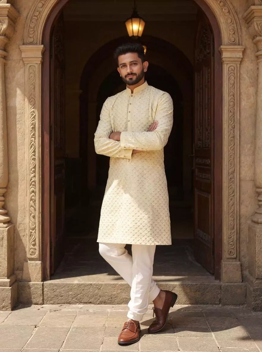 Image of Lemon Floral Thread work Cotton Silk Kurta Pajama - South India Shopping Mall