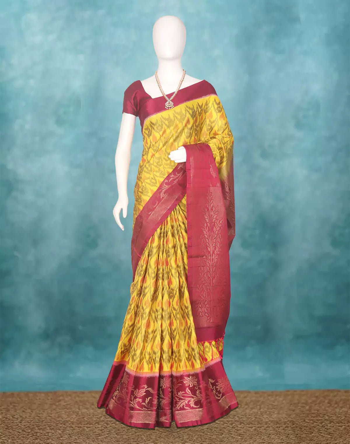Image of Lemon Yellow Coimbatore Pure Silk Ikat Saree with Tussels - South India Shopping Mall