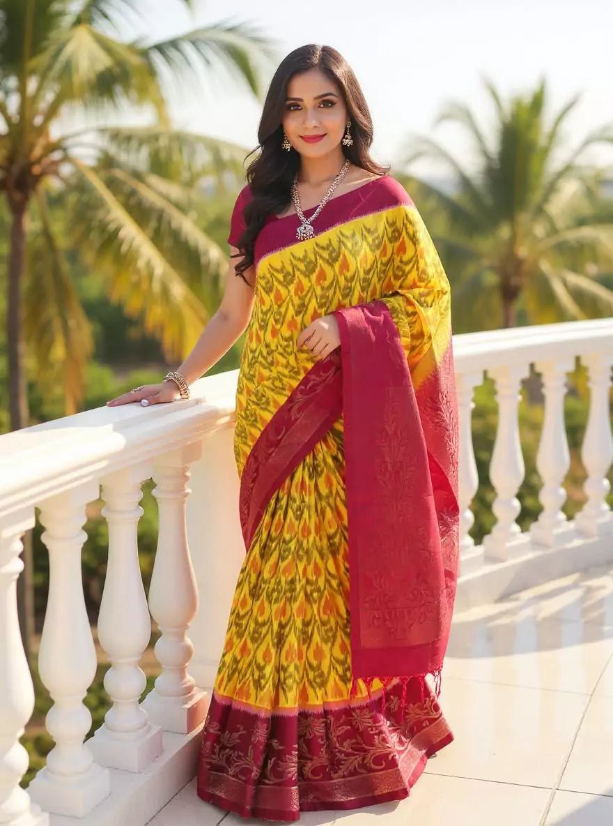 Image of Lemon Yellow Coimbatore Pure Silk Ikat Saree with Tussels - South India Shopping Mall