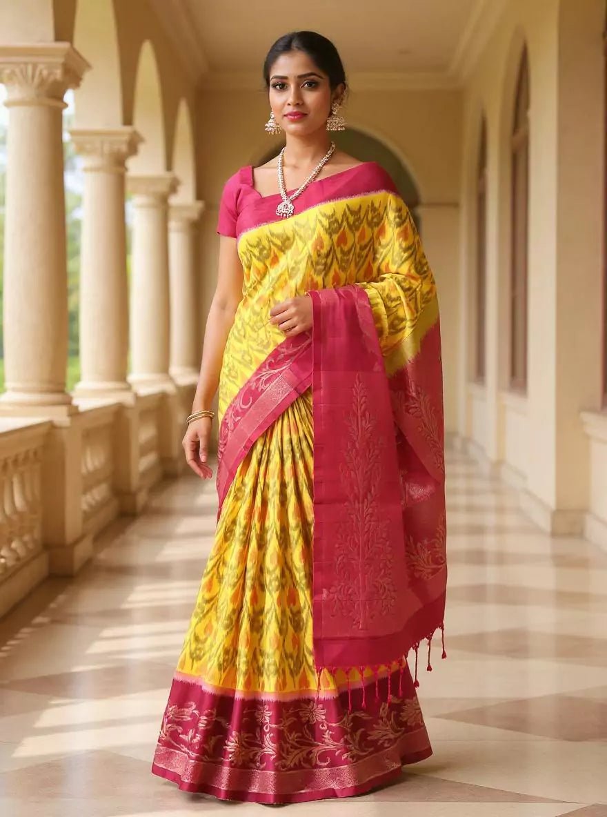 Image of Lemon Yellow Coimbatore Pure Silk Ikat Saree with Tussels - South India Shopping Mall
