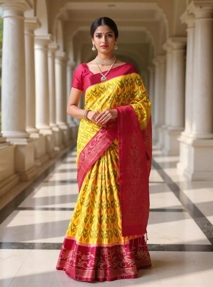 Image of Lemon Yellow Coimbatore Pure Silk Ikat Saree with Tussels - South India Shopping Mall