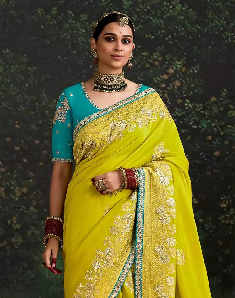 Image of Lemon Yellow Fancy Lace Border Pure Dola Silk Saree With Embroidery Work Blouse - South India Shopping Mall