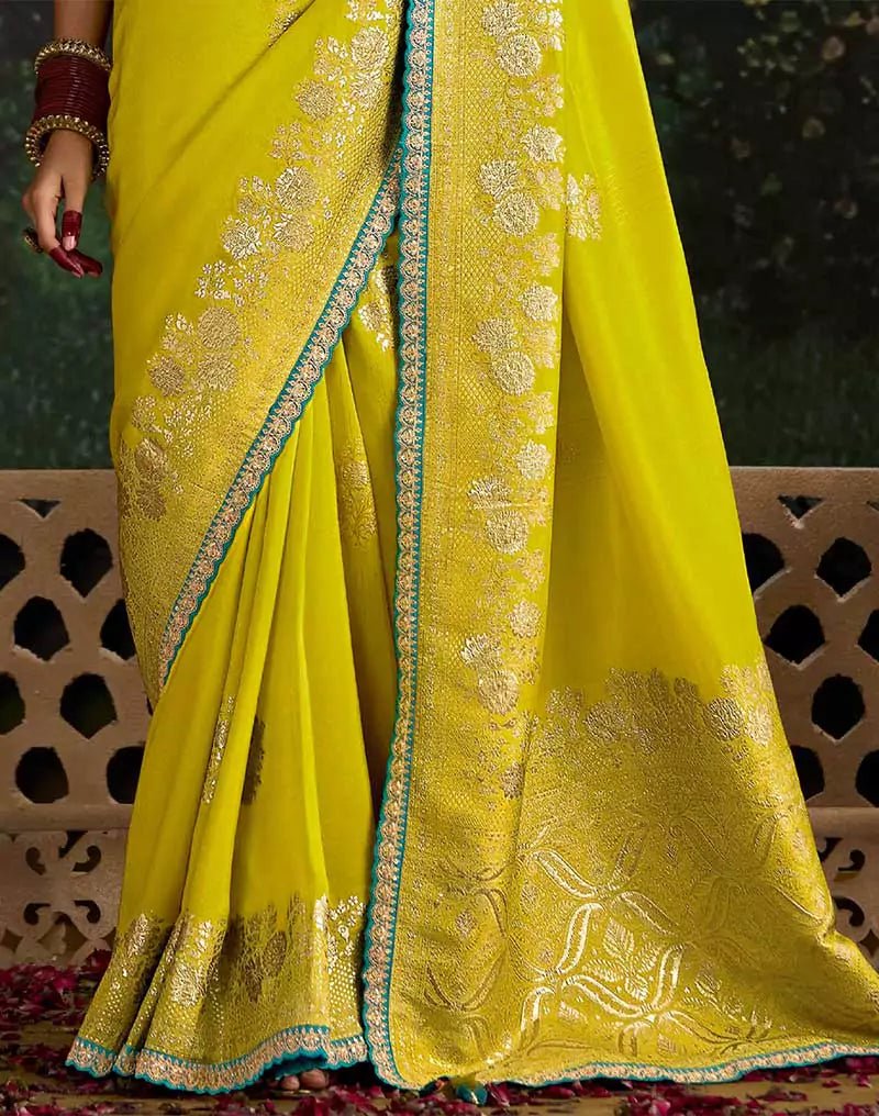Image of Lemon Yellow Fancy Lace Border Pure Dola Silk Saree With Embroidery Work Blouse - South India Shopping Mall