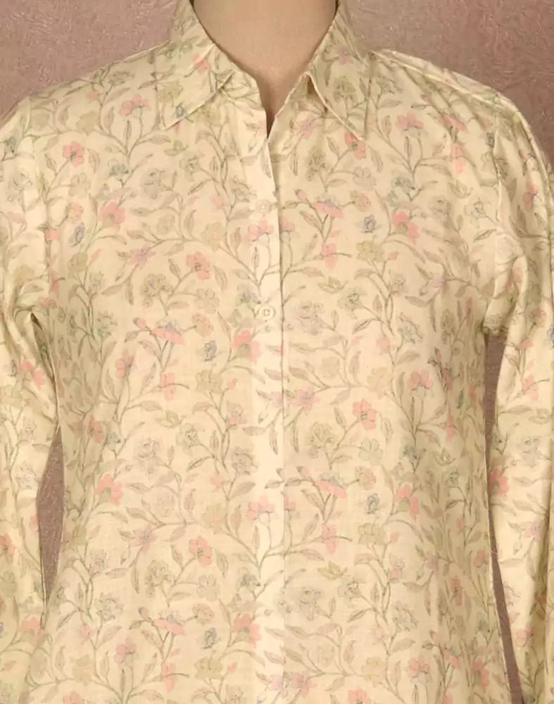 Image of Lemon Yellow Floral Cotton Printed Tops - South India Shopping Mall