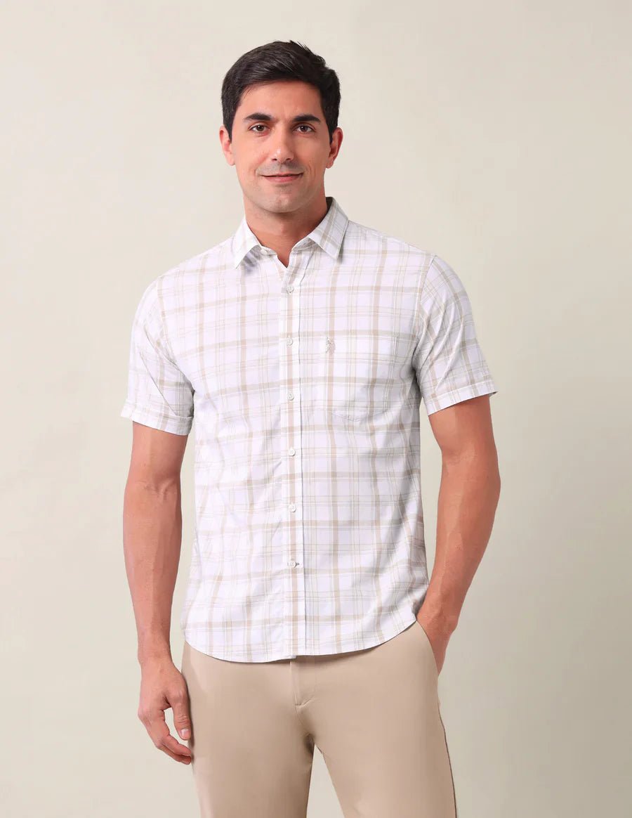 Image of Light Beige Checks Cotton Tailored Fit Shirt - South India Shopping Mall