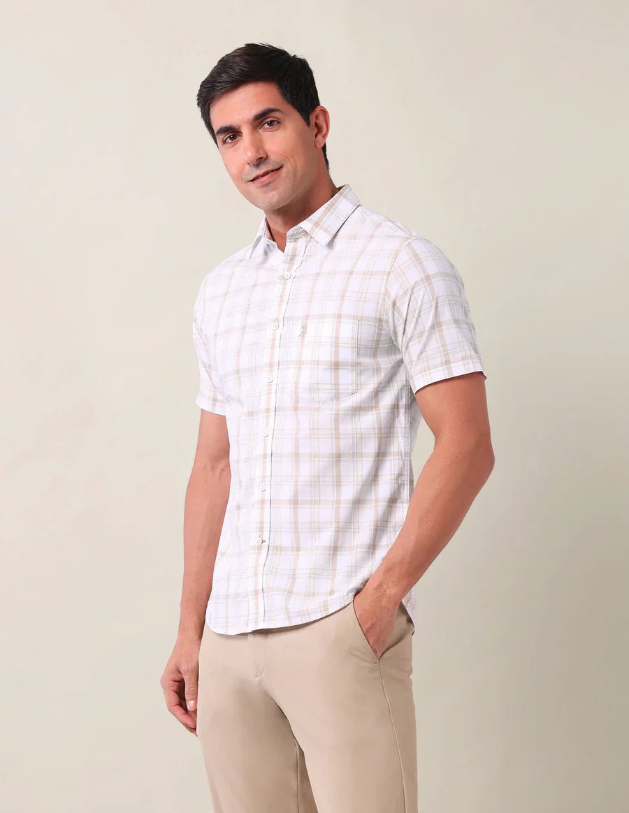 Image of Light Beige Checks Cotton Tailored Fit Shirt - South India Shopping Mall