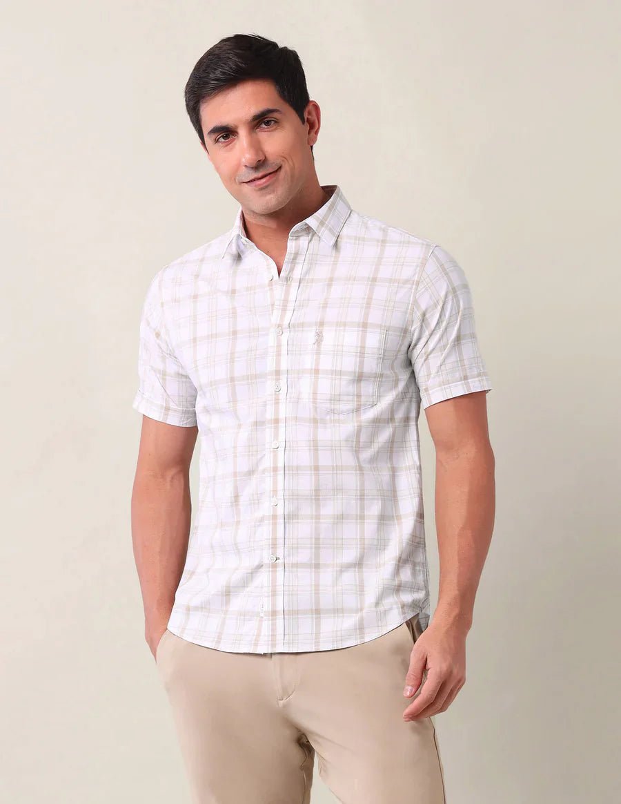 Light Beige Checks Cotton Tailored Fit Shirt - South India Shopping Mall