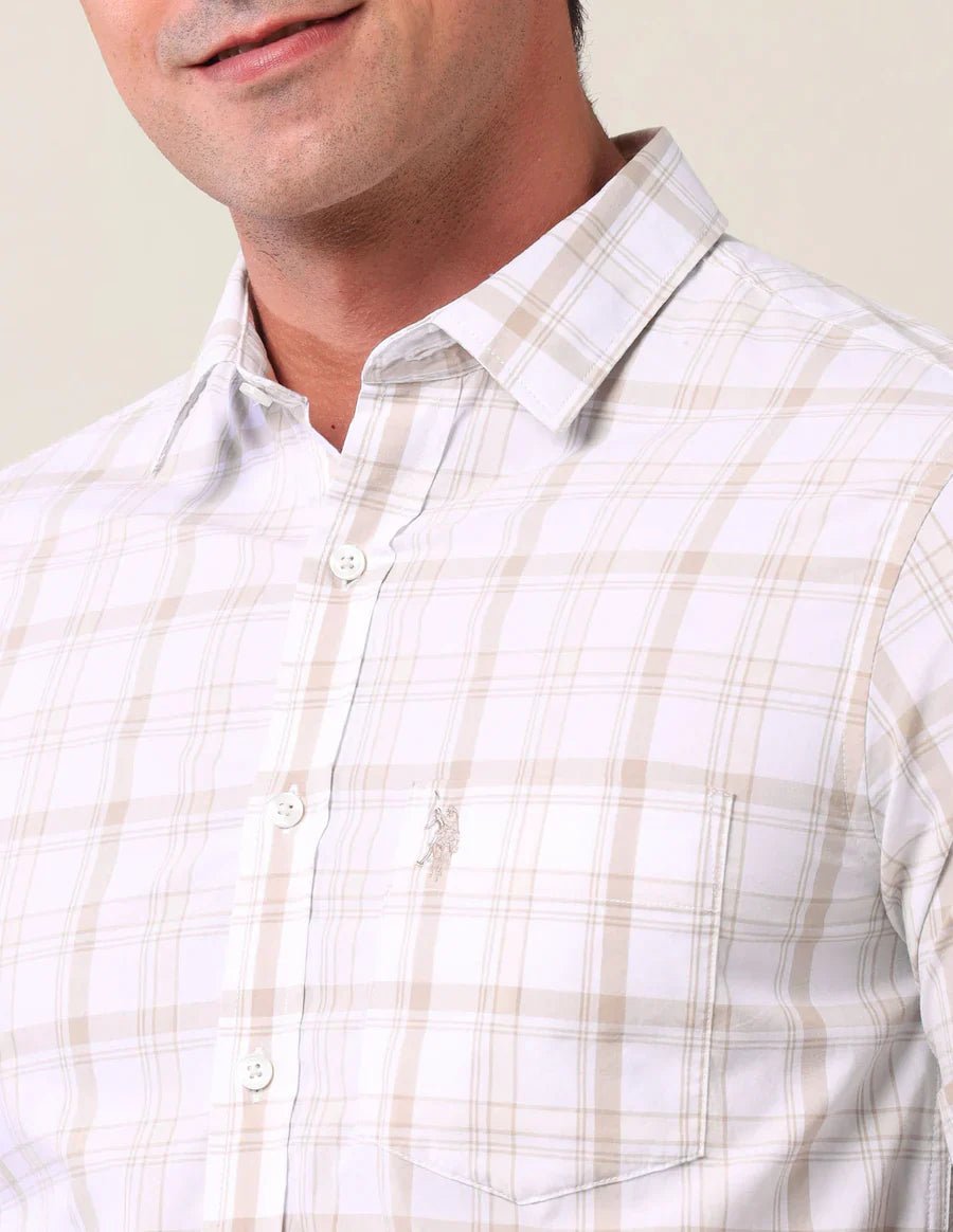 Light Beige Checks Cotton Tailored Fit Shirt - South India Shopping Mall