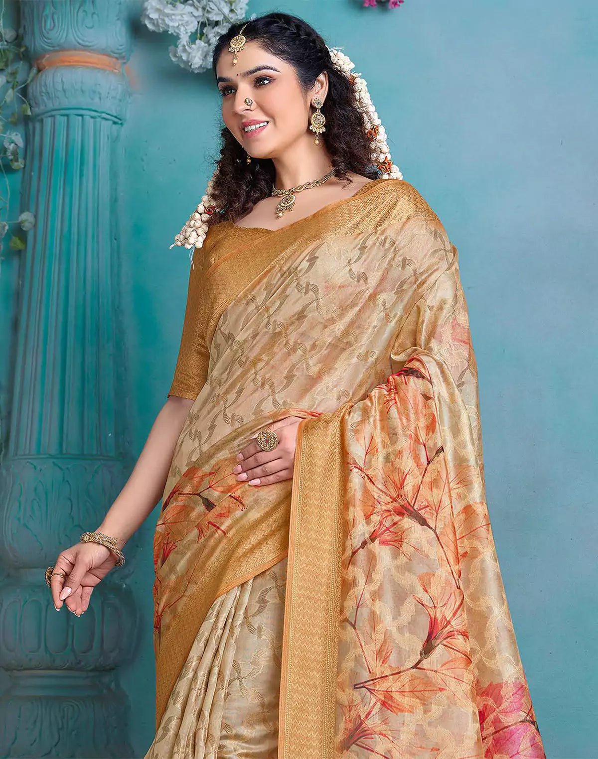 Image of Light Beige Coloured Tissue Fancy Saree - South India Shopping Mall