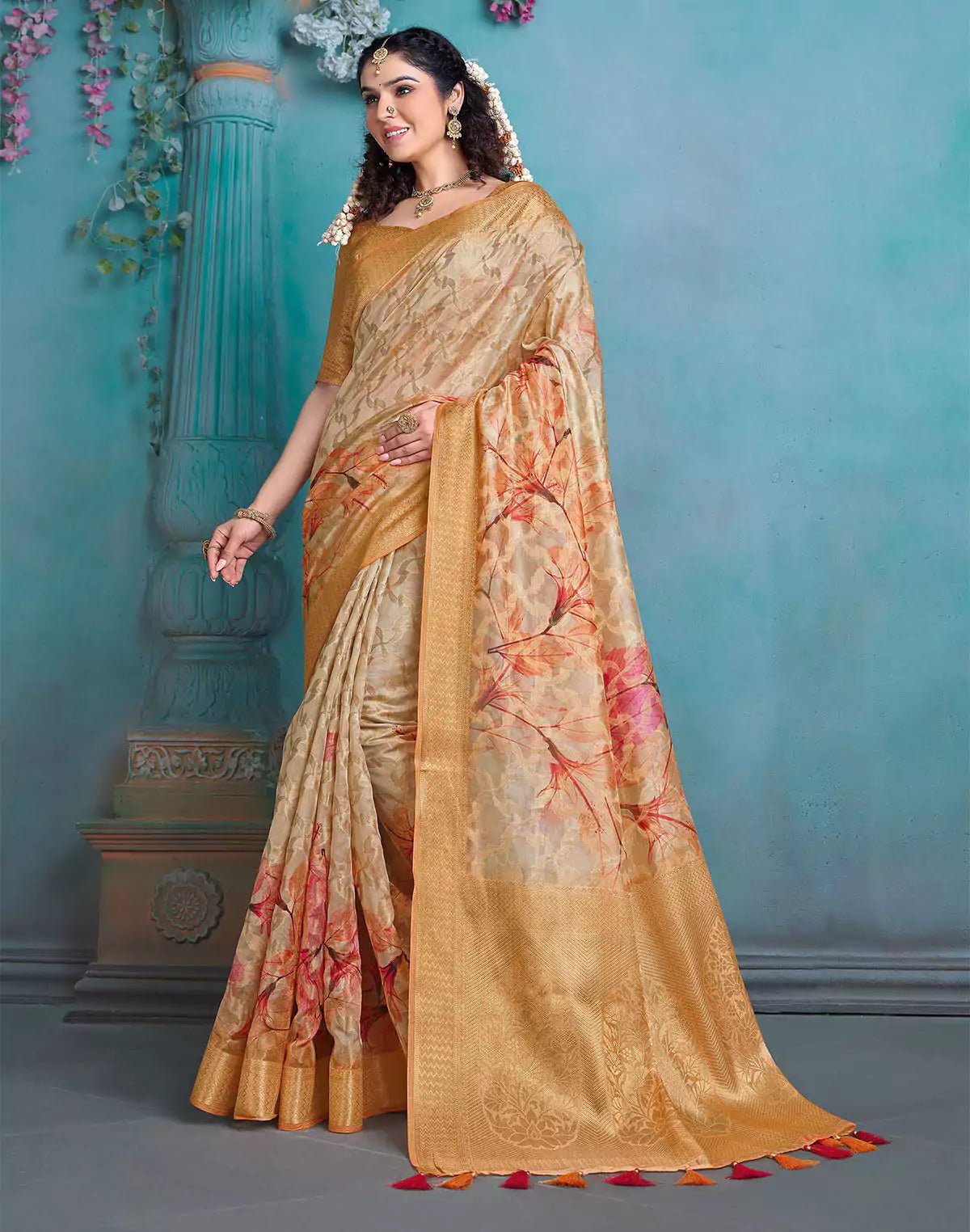 Image of Light Beige Coloured Tissue Fancy Saree - South India Shopping Mall