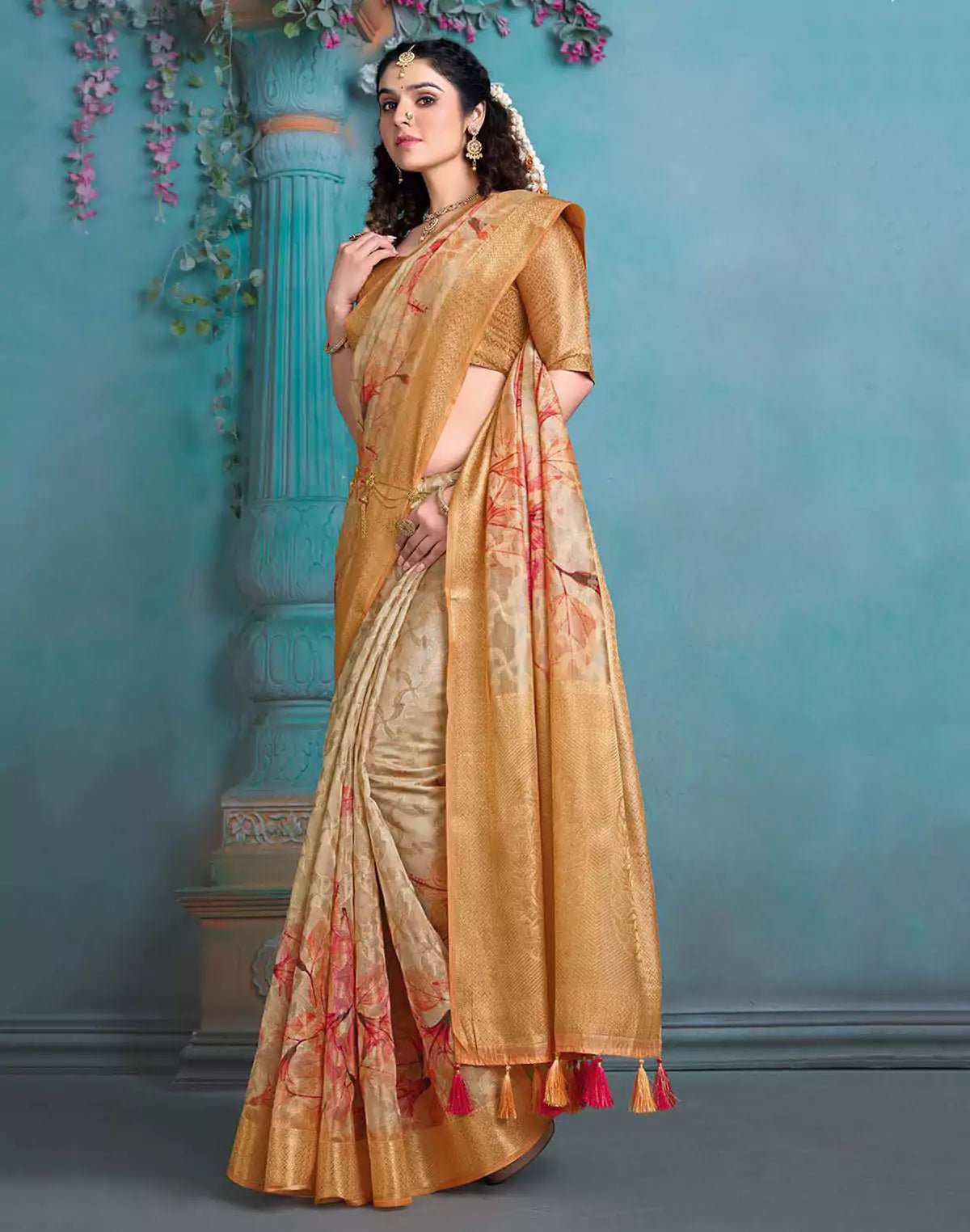 Image of Light Beige Coloured Tissue Fancy Saree - South India Shopping Mall