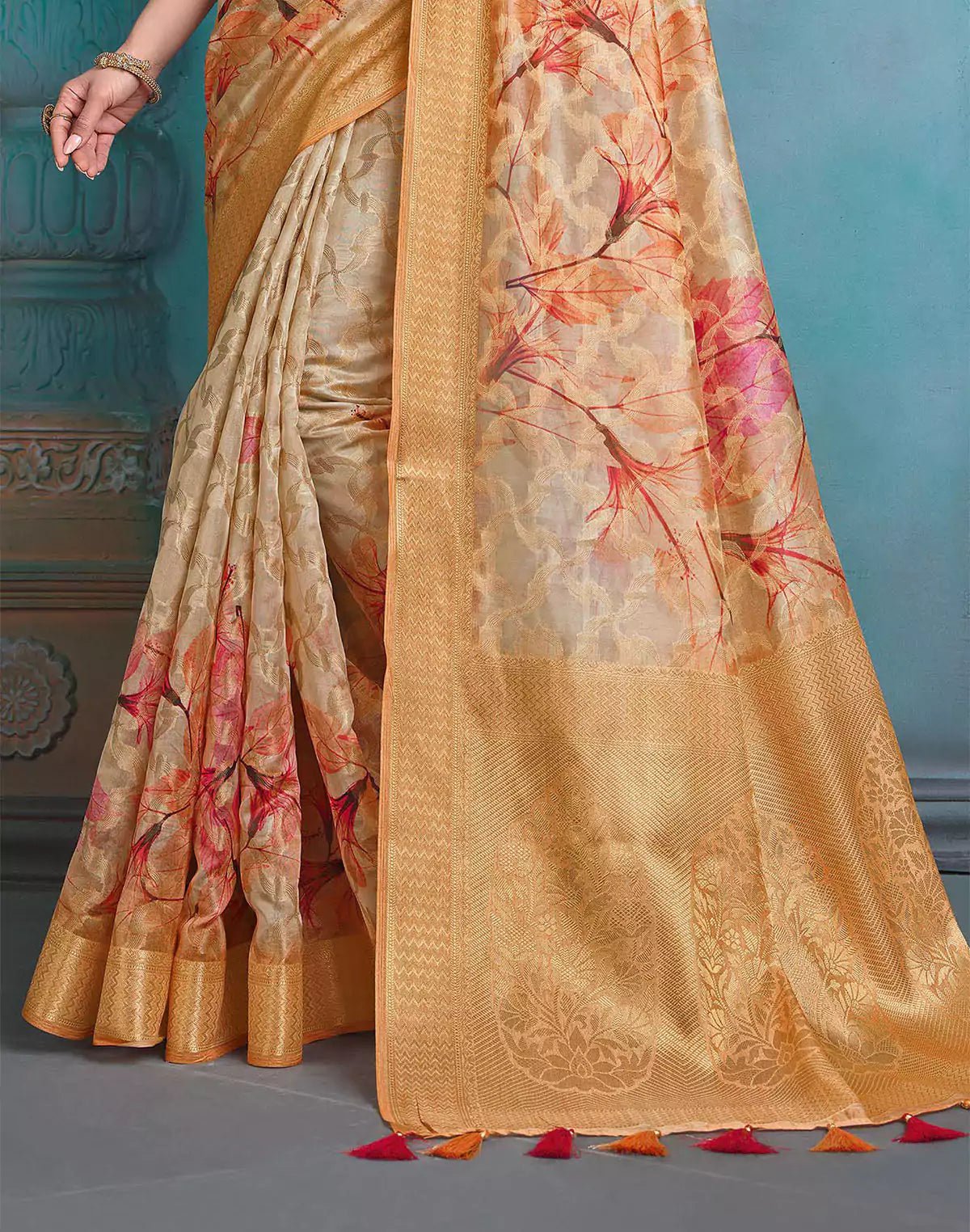 Image of Light Beige Coloured Tissue Fancy Saree - South India Shopping Mall