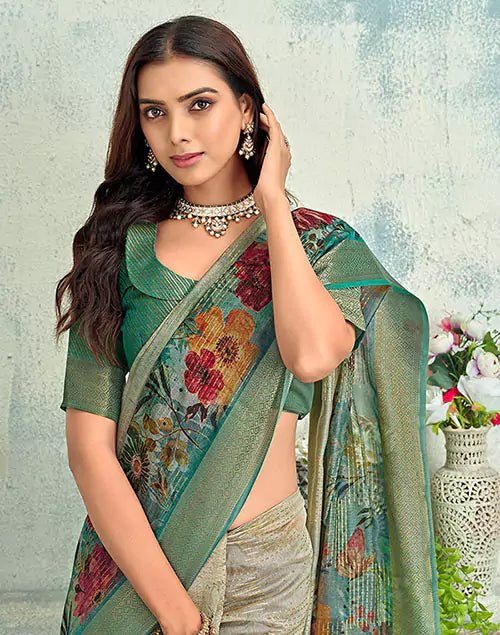 Image of Light Beige Floral Digital Print Tissue Saree - South India Shopping Mall