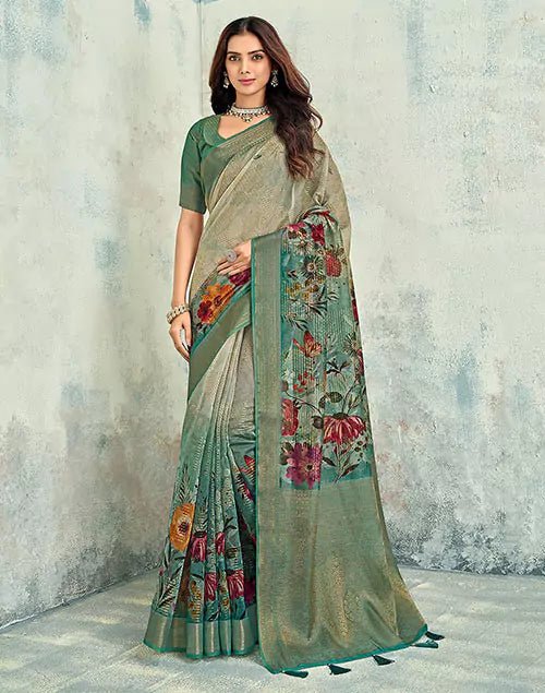 Image of Light Beige Floral Digital Print Tissue Saree - South India Shopping Mall