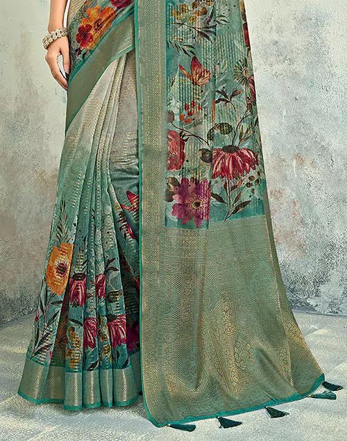 Image of Light Beige Floral Digital Print Tissue Saree - South India Shopping Mall