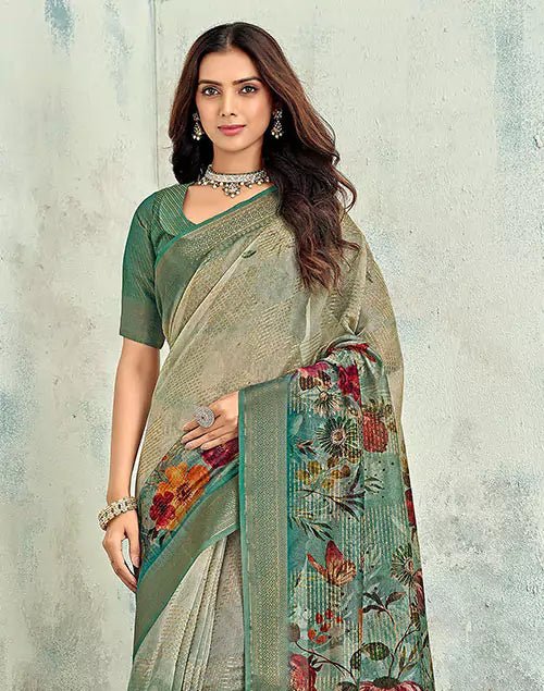 Image of Light Beige Floral Digital Print Tissue Saree - South India Shopping Mall