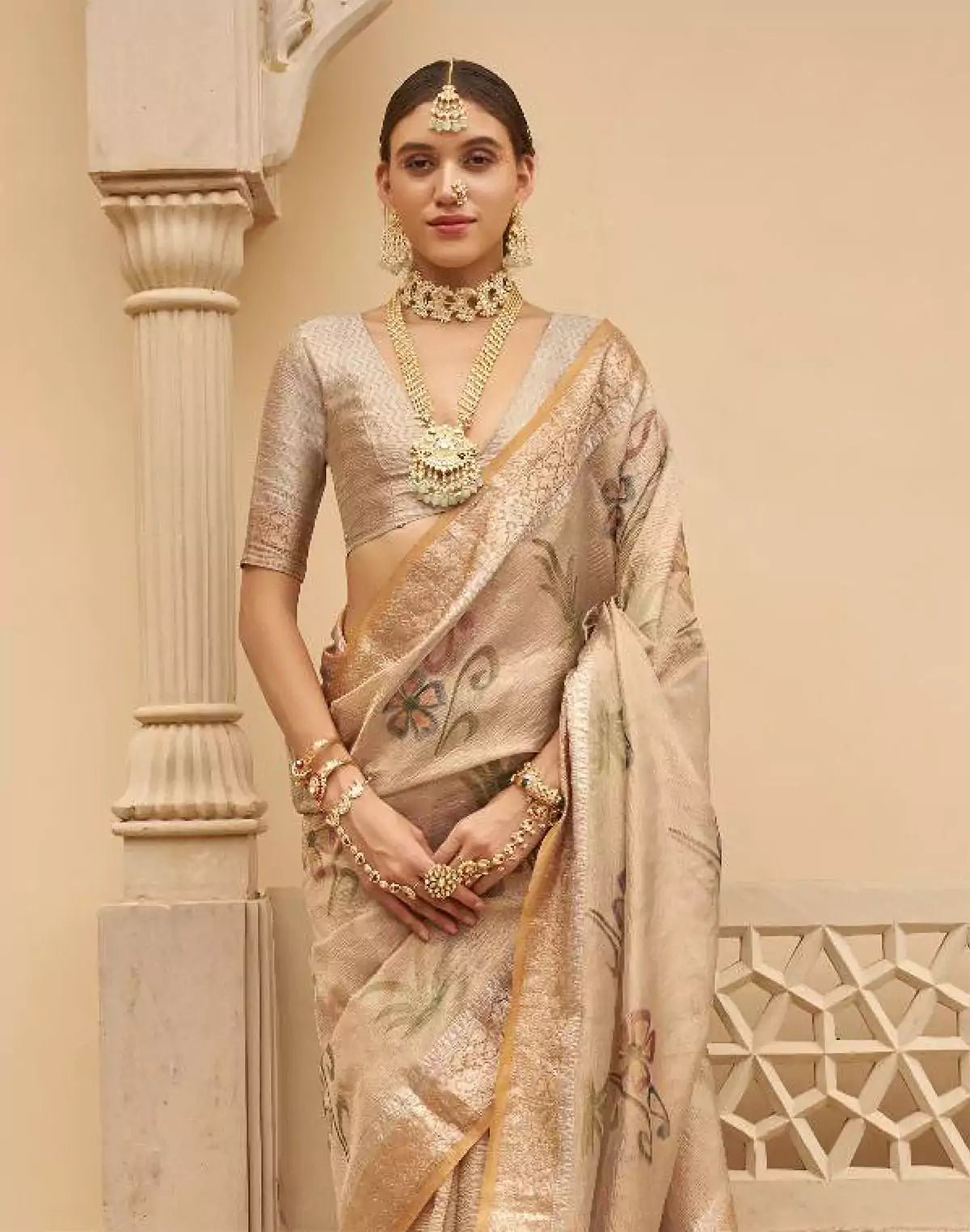 Image of Light Beige Floral Printed Organza Saree - South India Shopping Mall