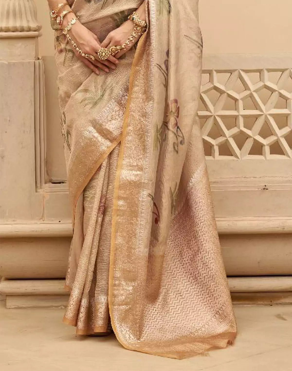 Light Beige Floral Printed Organza Saree - South India Shopping Mall