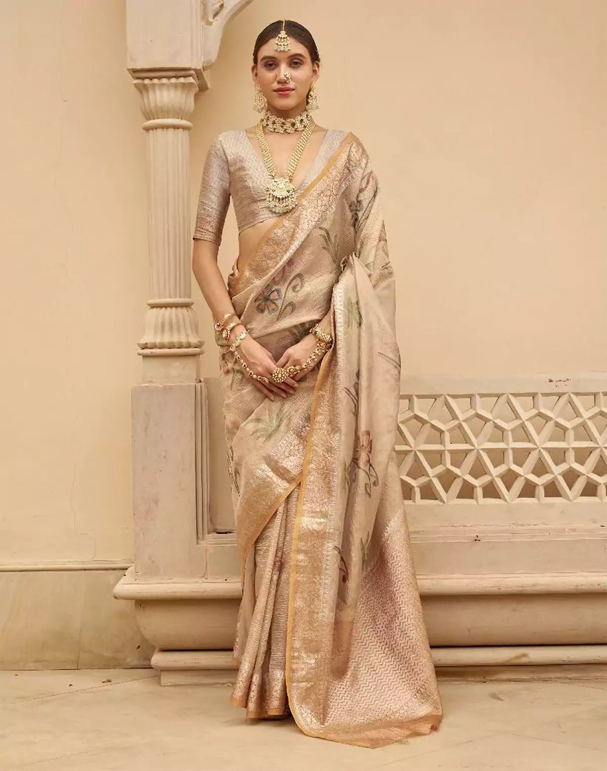 Light Beige Floral Printed Organza Saree - South India Shopping Mall
