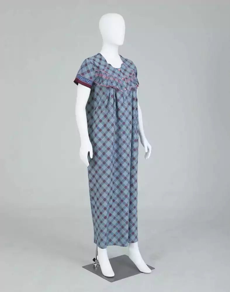 Image of Light Blue Checkered Cotton Printed Women Nighty - South India Shopping Mall