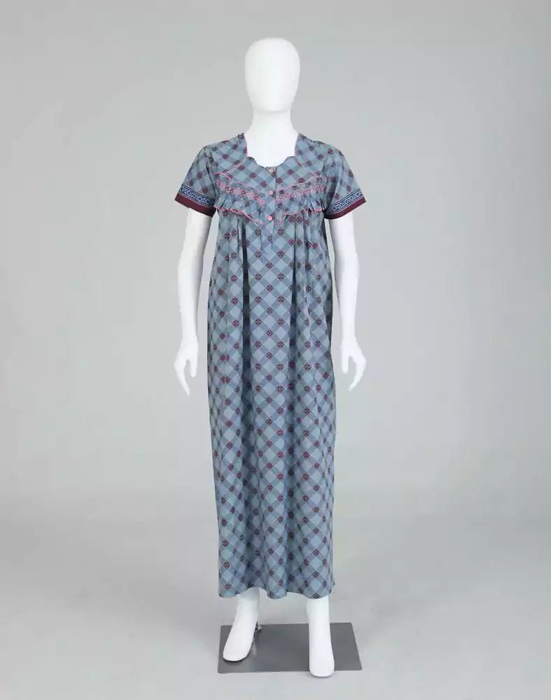 Image of Light Blue Checkered Cotton Printed Women Nighty - South India Shopping Mall