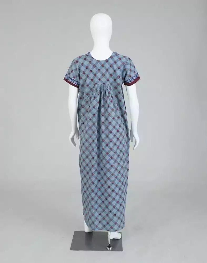 Image of Light Blue Checkered Cotton Printed Women Nighty - South India Shopping Mall