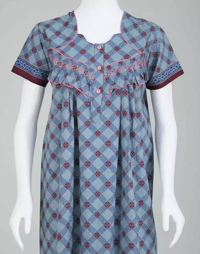 Image of Light Blue Checkered Cotton Printed Women Nighty - South India Shopping Mall