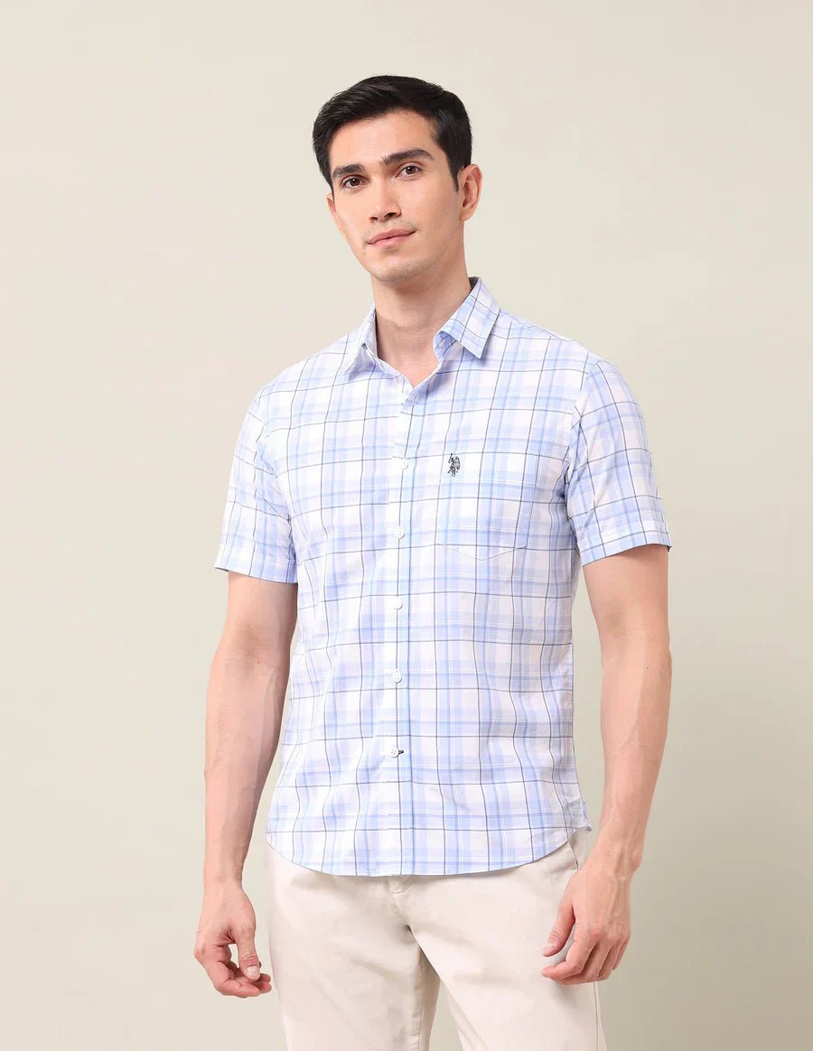 Light Blue Checkered Cotton Tailored Fit Shirt - South India Shopping Mall