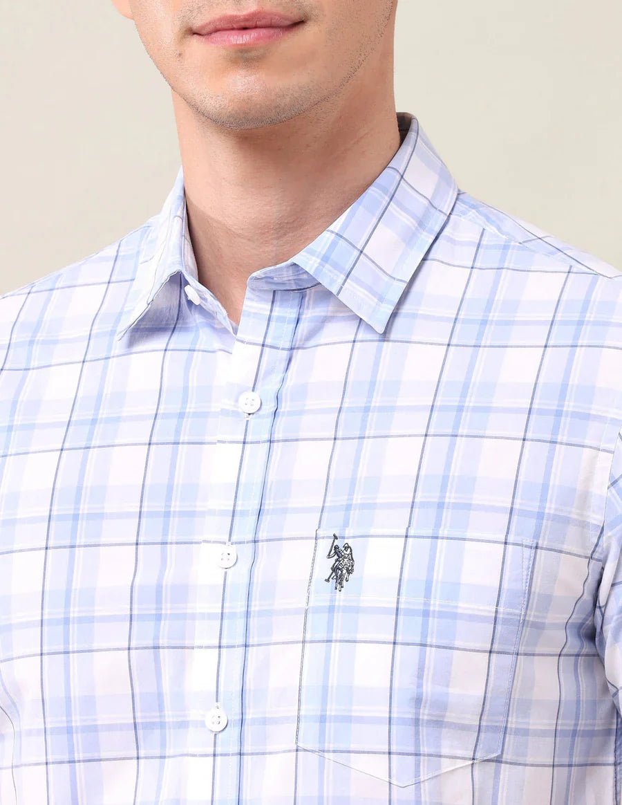 Image of Light Blue Checkered Cotton Tailored Fit Shirt - South India Shopping Mall