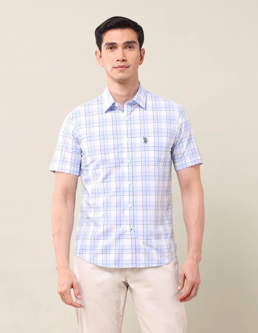 Image of Light Blue Checkered Cotton Tailored Fit Shirt - South India Shopping Mall
