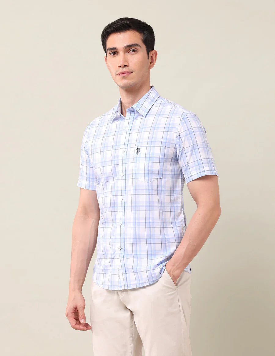 Image of Light Blue Checkered Cotton Tailored Fit Shirt - South India Shopping Mall