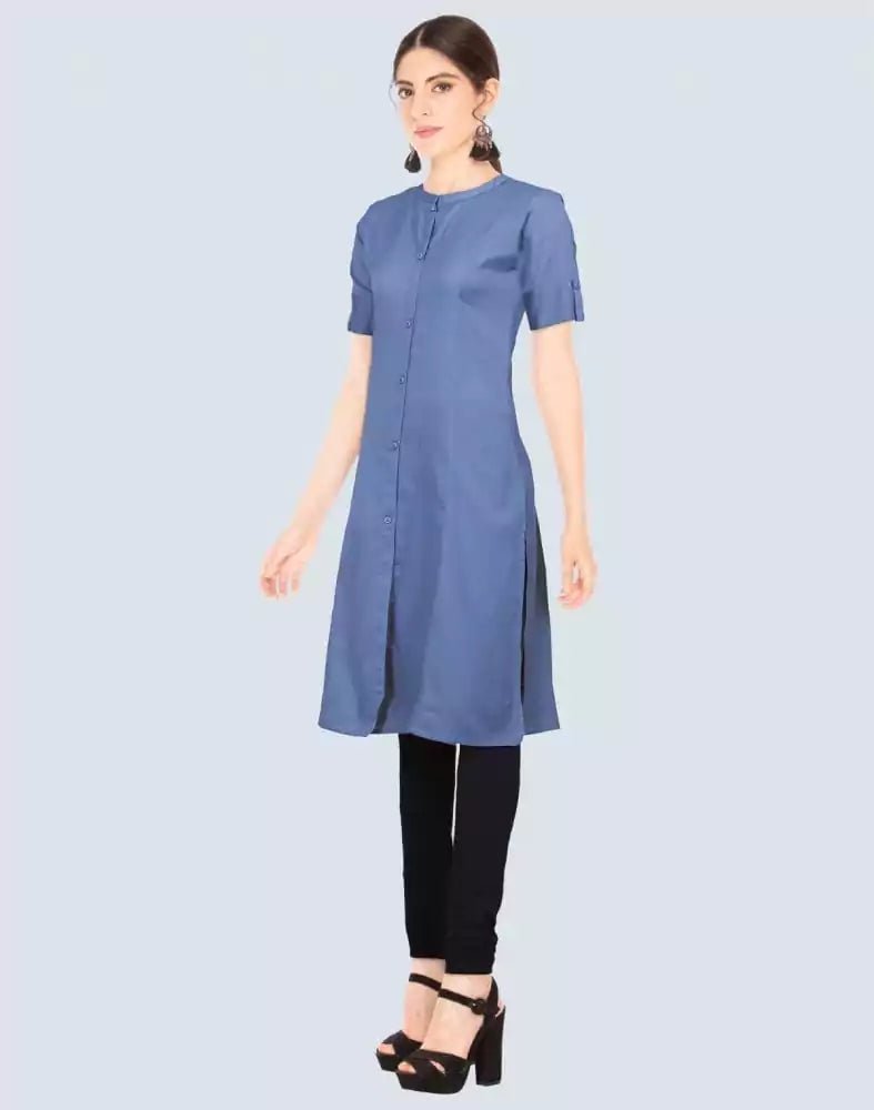 Light Blue Cotton Plain Kurti - South India Shopping Mall