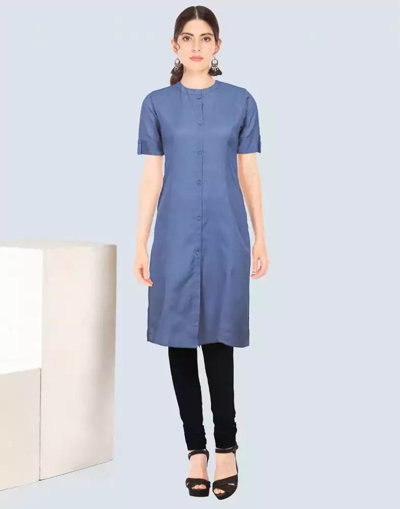 Image of Light Blue Cotton Plain Kurti - South India Shopping Mall