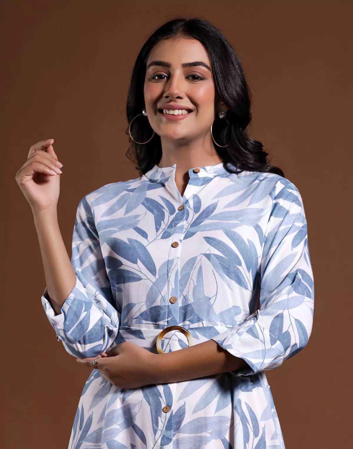 Image of Light Blue Cotton Silk Botanical Print Kurti With Belt - South India Shopping Mall