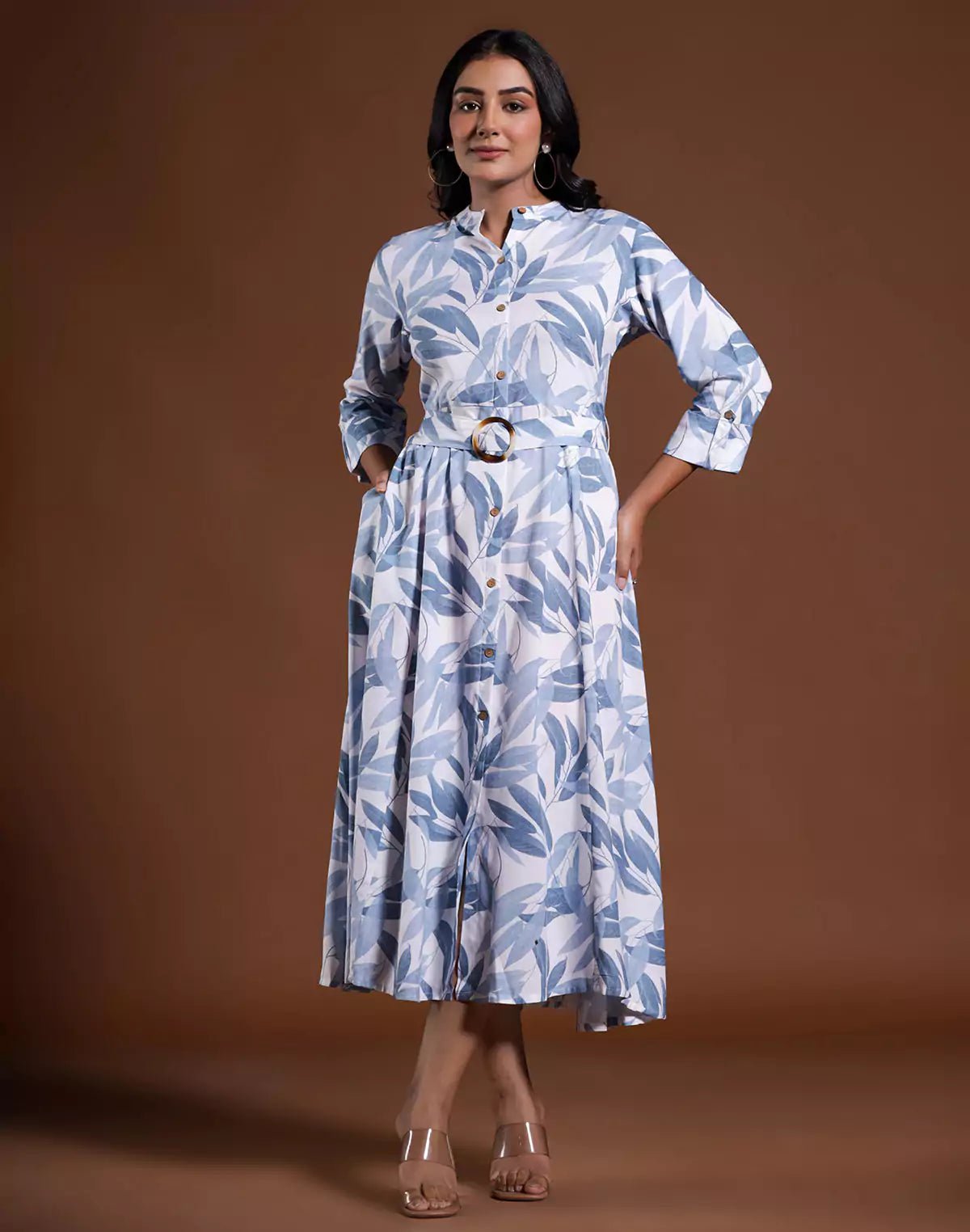 Image of Light Blue Cotton Silk Botanical Print Kurti With Belt - South India Shopping Mall