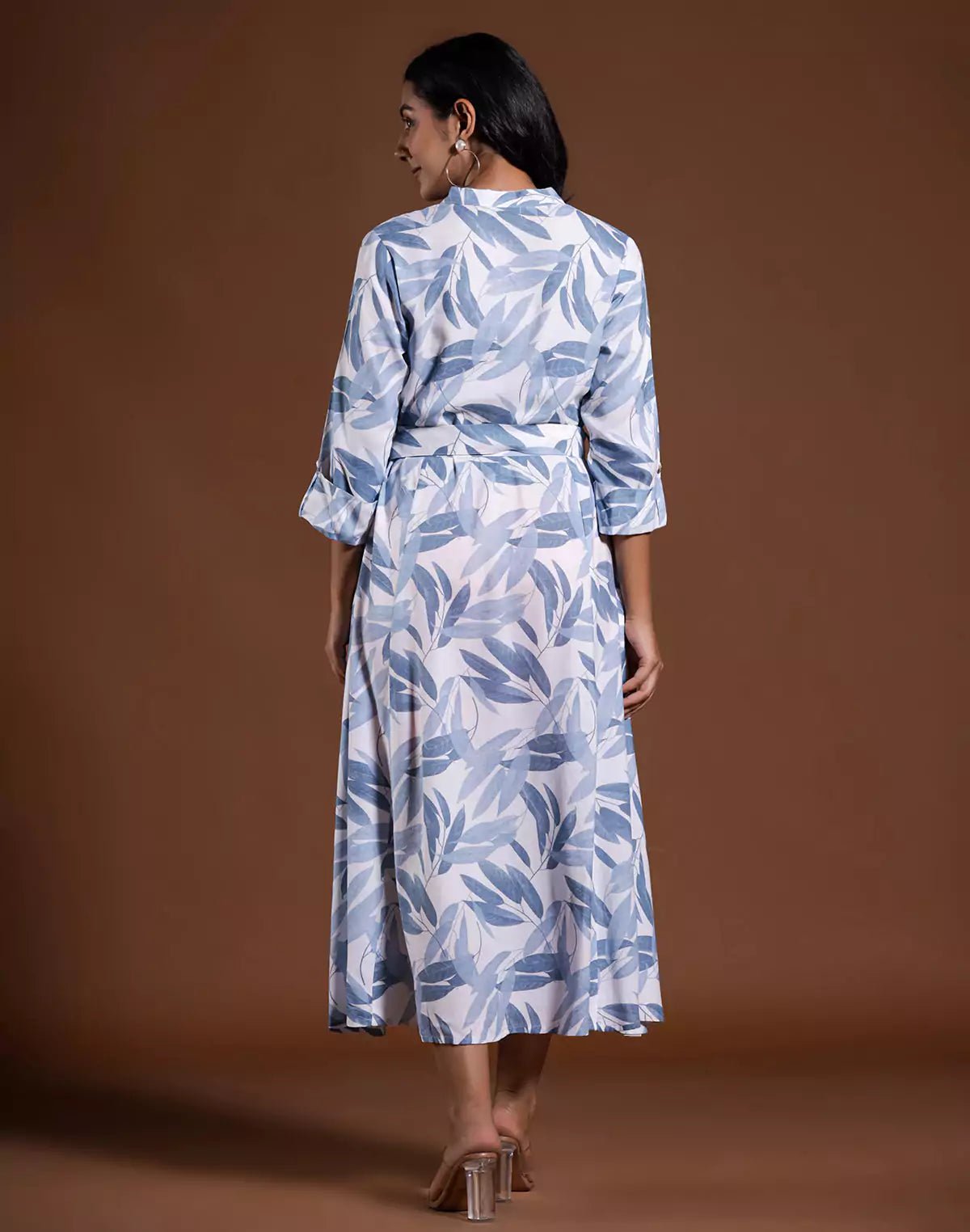 Image of Light Blue Cotton Silk Botanical Print Kurti With Belt - South India Shopping Mall